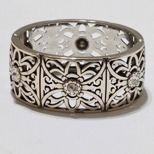 Brighton Silver Pl‎ Cuff Bracelet with Openwork Floral and Rhinestone Details